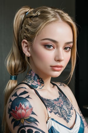 Generates a high quality image, masterpiece, extreme details, ultra definition, extreme realism, high quality lighting, 16k UHD, a beautiful young woman, blonde hair with pigtails, delicate makeup, tank top with straps, ((side pose showing the arm)), (detailed and intricate colorful tattoo of a mermaid on her arm), half body image, ,1 girl