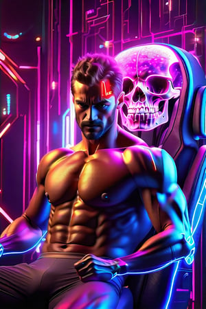 Create a high quality image, extreme detail, masterpiece, intricate detail, depth of field, ultra definition, extreme realism, real photography, real life, high quality lighting, 16k UHD, a man in a testing chair, with cybernetic implants in his head, wires coming out of his body, the veins in his arms are neon blue, white tank top, horrified expression, in the background a futuristic computer full of neon lights and buttons that takes up the entire wall in the center a neon blue holographic skull