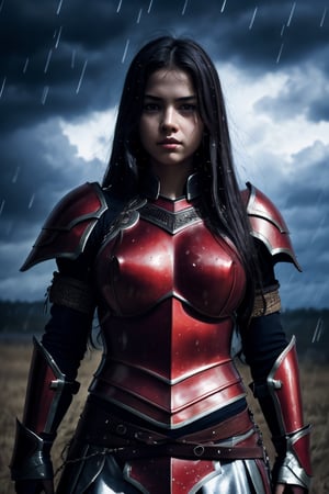 Very high quality image, extreme details of realism, a young warrior girl, big breasts, red armor, fighting in the middle of heavy rain, cloudy day with low light, close-up view from the front looking at the viewer,  phblue