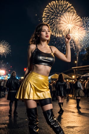 creates a high cinematic quality image, extreme details, ultra definition, extreme realism, high quality lighting, 16k UHD, girl, big breasts, yellow sleeveless camisole, blue pleated mini skirt, black stockings, leather boots, traditional festival, fireworks, people having fun, night
