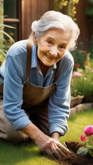 an elderly lady 80 years old, kneeling on a grassy ground, digging a small hole to plant a plant, dressed in an old and worn overall, hair gray with age, skin cracked with age, brown eyes, a cheerful smile, a background of the garden of a house, with many plants and flowers. ultra realism, extreme quality, morning light, soft light
