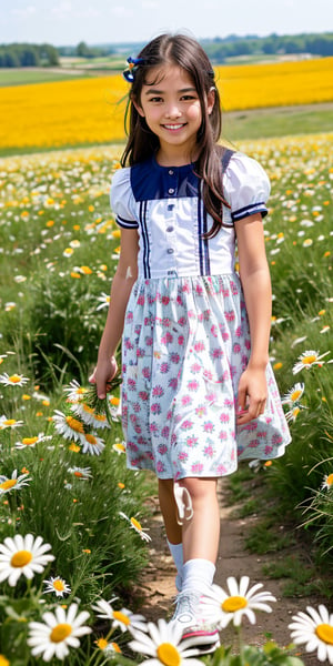 Create a high quality image, extreme detail, ultra definition, extreme realism, high quality lighting, 16k UHD, an 8 year old girl, country print dress, collecting daisies for her mother, sunny meadow