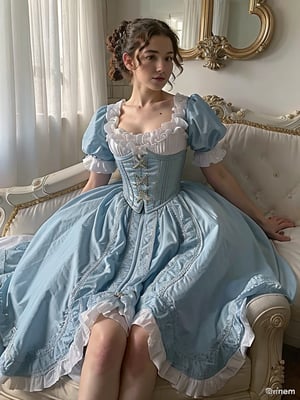 Create a high quality image, extreme detail, ultra definition, extreme realism, high quality lighting, 16k UHD, a beautiful and sexy Victorian girl, huge breasts, curly hair up, corset and light blue Victorian dress, sitting on a Victorian sofa, environment of that style