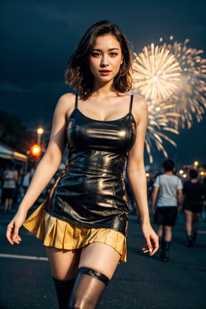 creates a high cinematic quality image, extreme details, ultra definition, extreme realism, high quality lighting, 16k UHD, girl, big breasts, yellow sleeveless camisole, blue pleated mini short skirt, black stockings, leather boots, traditional festival, fireworks, people having fun, night