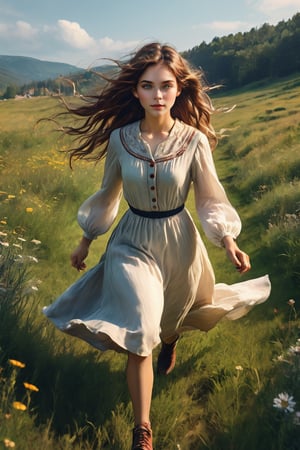 Generates a high quality image, cinematics, extreme details, ultra definition, extreme realism, high quality lighting, 16k UHD, a beautiful girl, long wavy hair, country dress, running in the meadow