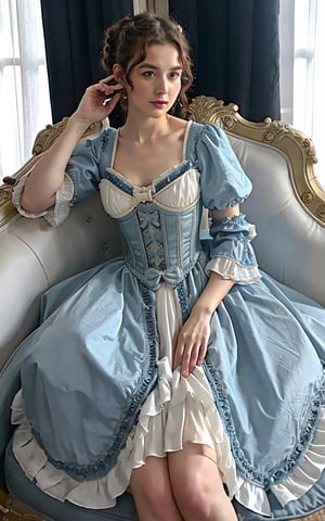 Create a high quality image, extreme detail, ultra definition, extreme realism, high quality lighting, 16k UHD, a beautiful and sexy Victorian girl, huge breasts, curly hair up, corset and light blue Victorian dress, sitting on a Victorian sofa, environment of that style