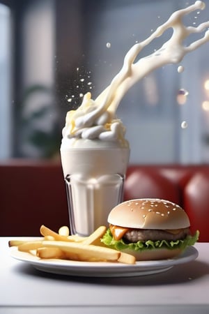 a glass of milkshake splashing milk onto a hamburger with fries on a plate,   booth,food focus