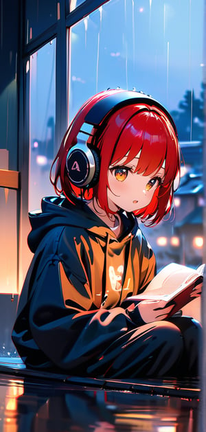Create a high quality image, extreme detail, ultra definition, extreme realism, high quality lighting, 16k UHD, A Cute girl, 18 year old, headphones, reading on the roof with rain background, lofi style,Reflections