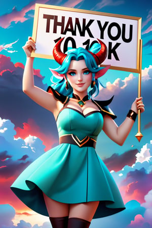 creates a high quality image, extreme details, ultra definition, extreme realism, 16k UHD,
Holding a sign text "Thank you 10K", a girl, big breasts, horns, teal hair, light blue eyes, genshin impact style dress, reddish sky, black clouds, diffuse light, mythological atmosphere,Text,text as "", 3D SINGLE TEXT,masterpiece