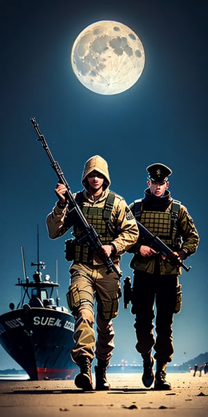  2 men, in tactical military uniforms, on a cold night, getting off a boat on the beach, carrying assault rifles, a full moon barely illuminates the scene, ,gun,war