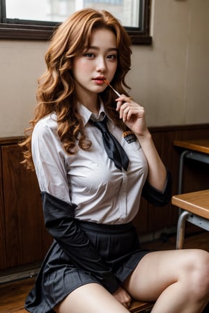 creates a high quality image, extreme details, ultra definition, extreme realism, 16k UHD, young student, curly, reddish hair, exaggerated makeup, big breasts, high school uniform, sitting on a bleacher, eating pocky's