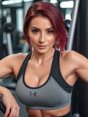  masterpiece, 8k, ultra detailed, portrait of a beautiful woman, 30 years old, brown eyes, wine red hair with ombre gradient, big chest, soft skin, dressed in sports clothes, in a gym doing apparatus, perfect hands, perfect fingers , perfect eyes, perfect nails with French design, perfect feet, perfect anatomy, extreme quality of details ,photo r3al,detailmaster2