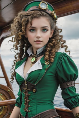  a young girl, curly brown hair, green eyes, tight steampunk sexy clothes, in a steampunk boat , 16k UHD, extreme realism, ultra definition, high quality