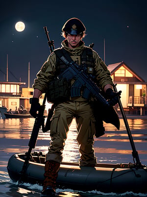  1 man, in tactical military uniforms, on a cold night, getting off a rubber boat on the beach, carrying assault rifles, a full moon barely illuminates the scene,  real gun,war