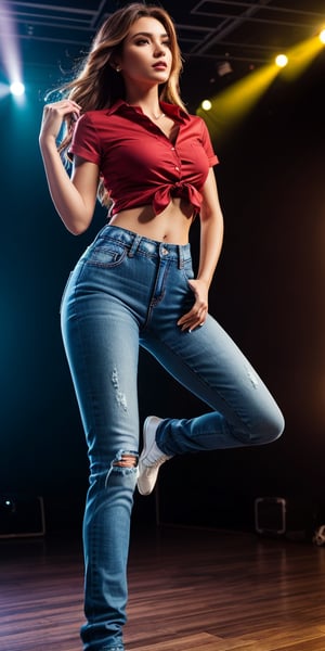 Create a high quality image, extreme detail, ultra definition, extreme realism, high quality lighting, 16k UHD, a beautiful girl, slim, unbuttoned red shirt, tight jeans, on the dance floor, dancing