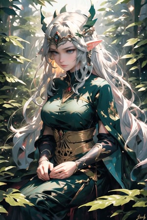 Generates an image of high cinematographic quality, extreme details, ultra definition, extreme realism, lighting of high quality, 16k UHD, an elven princess in an enchanted forest, a meandering stream, sunlight filtering through the forest, long silver gray wavy hair, huge breasts, brown eyes, emerald green silk robe, decorated with gold embroidery ancient elvish symbols, a crown of leaves and twigs adorns his head, expression,BJ_Oil_painting