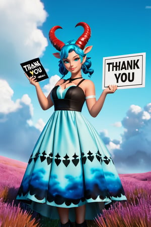 creates a high quality image, extreme details, ultra definition, extreme realism, 16k UHD,
Holding a sign text "Thank you 10K", a girl, big breasts, horns, teal hair, light blue eyes, genshin impact style dress, reddish sky, black clouds, diffuse light, mythological atmosphere,Text,text as "", 3D SINGLE TEXT