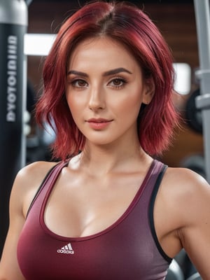  masterpiece, 8k, ultra detailed, portrait of a beautiful woman, 30 years old, brown eyes, wine red hair with ombre gradient, big chest, soft skin, dressed in sports clothes, in a gym doing apparatus, perfect hands, perfect fingers , perfect eyes, perfect nails with French design, perfect feet, perfect anatomy, extreme quality of details ,photo r3al,detailmaster2,BK0S,xxmix_girl