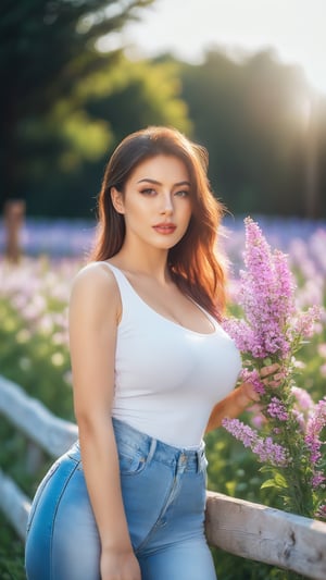 Create a high quality image, extreme details, ultra definition, extreme realism, high quality lighting, 16k UHD, a beautiful girl, huge breasts, white sleeveless short shirt with straps, tight jeans, posing in a sensual and provocative way, field of flowers, wooden fence, sunny day