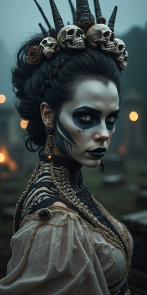 A striking close-up portrait of the 'Reina de los Huesos,' a hauntingly beautiful woman with a skeletal, bone-inspired makeup that covers half her face, revealing intricate skull patterns. She wears a dark, regal crown made of twisted bones and ancient metal, adorned with small, flickering skulls. Her piercing, glowing eyes stare intensely, radiating both elegance and terror. She is draped in a tattered, bone-colored gown with details resembling rib cages and vertebrae, and delicate bones woven into her hair. The background is a misty graveyard with ancient tombstones and faint, ghostly lights, enhancing the eerie atmosphere. The lighting casts shadows on her face, making her look like a spectral queen reigning over a world of the dead, ek_ph0t0_b00ster