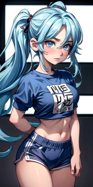 Create a high quality image, extreme details, ultra definition, extreme realism, high quality lighting, 16k UHD, young girl, blue hair with pigtails, slim body, big breasts, expression of joy and excitement, red cheeks, sportswear with short sleeves, dark blue shorts, sexy pose, sweaty body, gym, back view, looking at the camera