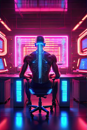 Create a high quality image, extreme detail, masterpiece, intricate detail, depth of field, ultra definition, extreme realism, real photography, real life, high quality lighting, 16k UHD, a man in a testing chair, with cybernetic implants in his head, wires coming out of his body, the veins in his arms are neon blue, white tank top, horrified expression, in the background a futuristic computer full of neon lights and buttons that takes up the entire wall in the center a neon blue holographic skull