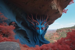 a land from another world, blue streams run through the sky, trees with red bark and blue leaves grow from the walls of a cliff, a creature looking at the camera, body of an amoeba, big eyes coming out of its long antennae, skin with an intricate iridescent texture and transparent, earthy coral-colored ground, 8k UHD, extreme realism, maximum quality, extreme surrealism