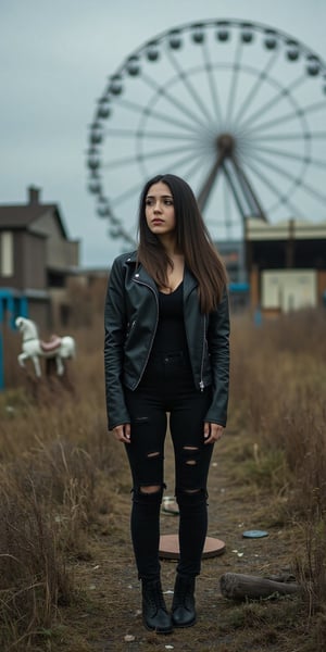 A young woman stands in the center of an eerie, abandoned amusement park, her figure surrounded by overgrown weeds and rusting rides. She is dressed in a simple, dark outfit: a black leather jacket, ripped jeans, and boots, giving her a rebellious yet vulnerable appearance. Behind her, a broken-down Ferris wheel looms in the distance, its once-vibrant colors now faded and covered in rust. The camera captures her from a medium shot, using a 50mm lens to focus on her thoughtful expression as she gazes at the empty park. The lighting is soft and muted, with a cloudy sky casting a dull, gloomy light over the scene. The remnants of carnival stalls and broken merry-go-round horses add to the haunting, nostalgic atmosphere, while the shadows create a sense of mystery and desolation, ek_ph0t0_b00ster