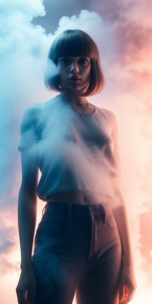 Create a close-up ahigh quality image, extreme detail, ultra definition, extreme realism, high quality lighting, 16k UHD, a girl, casual clothes,semi transparent inside a white cloud of smoke as if it were a dream