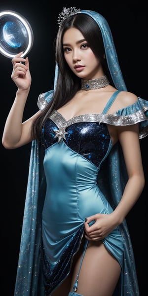 Create a high quality image, extreme detail, ultra definition, extreme realism, high quality lighting, 16k UHD, an oriental cosplayer girl dressed as a magician, with a transparent fabric dress in sky blue and silver tones, decorated with stars and arcane symbols, the light and shiny texture of the fabric should be visible, photo taken with a Fujifilm X-T4, XF 56mm f/1.2 R lens, lighting with rim lights and a reflector to highlight the details ,realistic hands