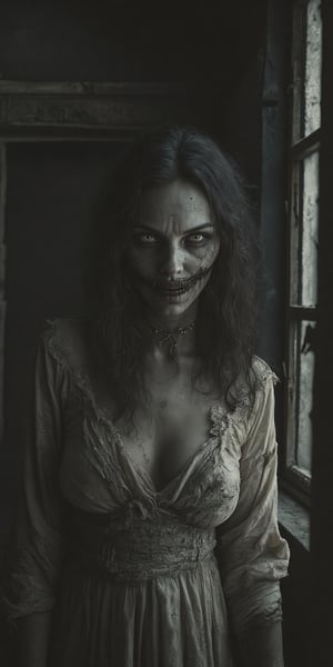 In a decaying, abandoned house, a woman in a torn, dirty gown stands motionless. Her face is the focus, with her lips sewn shut by thick, black thread, and her hollow, lifeless eyes staring blankly ahead. The camera captures her in a medium close-up shot, focusing on her upper body and face, making the grotesque stitches and eerie stillness of her expression the central point. The torn fabric of her gown hangs loosely off her shoulders, while her skin is pale and cracked, adding to her disturbing appearance. The dim light from the window casts long shadows across her face, highlighting the texture of the stitches and the emptiness of her eyes. The background is blurred, keeping all attention on her terrifying, stitched mouth and haunting gaze, ek_ph0t0_b00ste,Horror Poster Movie