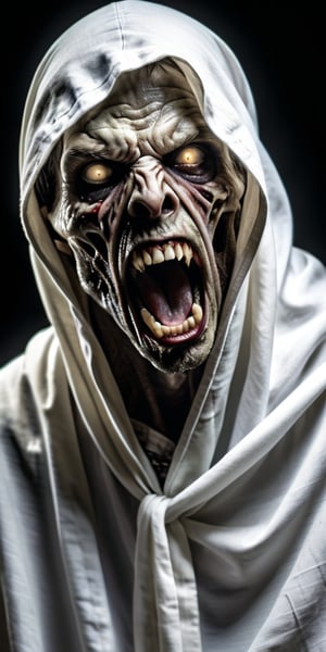 Create a high quality image, extreme detail, ultra definition, extreme realism, high quality lighting, 16k UHD,   a zombie-like figure with a white cloth covering its face, its mouth wide open as if screaming, and its eyes reflecting fear