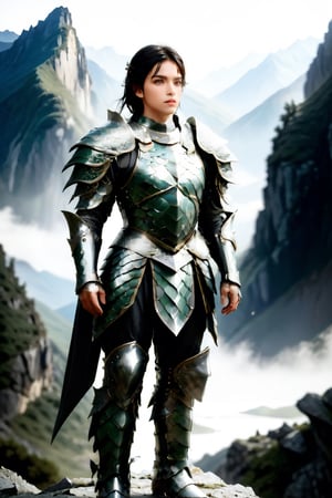 a young warrior, black hair, real  eyes, hard armor of intricate scale details, standing in a mountainous landscape, with a valley in the background, 16k UHD, extreme realism, maximum definitions, ultra detail,photo r3al, ,dragon armor