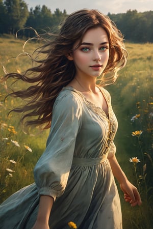 Generates a high quality image, cinematics, extreme details, ultra definition, extreme realism, high quality lighting, 16k UHD, a beautiful girl, long wavy hair, country dress, running in the meadow