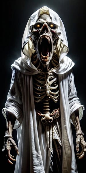 Create a high quality image, extreme detail, ultra definition, extreme realism, high quality lighting, 16k UHD,   a zombie-like figure with a white cloth covering its face, its mouth wide open as if screaming, and its eyes reflecting fear,zkeleton