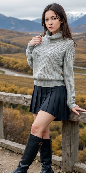 Create a high quality image, extreme detail, ultra definition, extreme realism, high quality lighting, 16k UHD, a beautiful girl, big breasts, (wide-necked sweater, pleated miniskirt, short boots), vineyard in the mountains