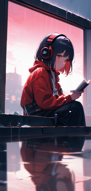 Create a high quality image, extreme detail, ultra definition, extreme realism, high quality lighting, 16k UHD, A Cute girl, 18 year old, headphones, reading on the roof with rain background, lofi style,Reflections