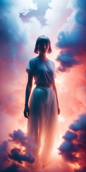 Create a high quality image, extreme detail, ultra definition, extreme realism, high quality lighting, 16k UHD, a girl, casual clothes,semi transparent inside a white cloud of smoke as if it were a dream