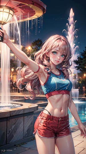 Creates a high quality image, extreme detail, ultra definition, extreme realism, high quality lighting, 16k UHD, a girl, pink wavy hair, short red crop top, blue shorts, taking a selfie in a park next to a fountain