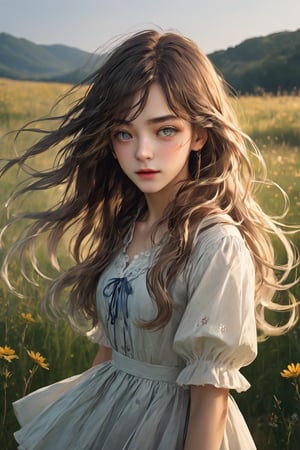 Generates a high quality image, cinematics, extreme details, ultra definition, extreme realism, high quality lighting, 16k UHD, a beautiful girl, long wavy hair, beautiful eyes, country dress, running in the meadow