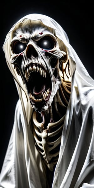Create a high quality image, extreme detail, ultra definition, extreme realism, high quality lighting, 16k UHD,   a zombie-like figure with a white cloth covering its face, its mouth wide open as if screaming, and its eyes reflecting fear,zkeleton