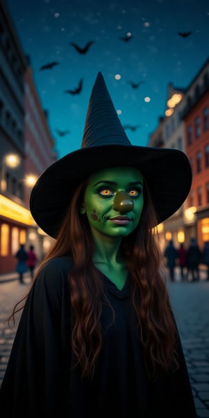 Starry night in the city, children walk the streets in Halloween costumes, in the foreground you can see a girl in a witch costume and her face made up in dark green with a large witch nose, the makeup is perfectly real and causes fear, ek_ph0t0_b00ster