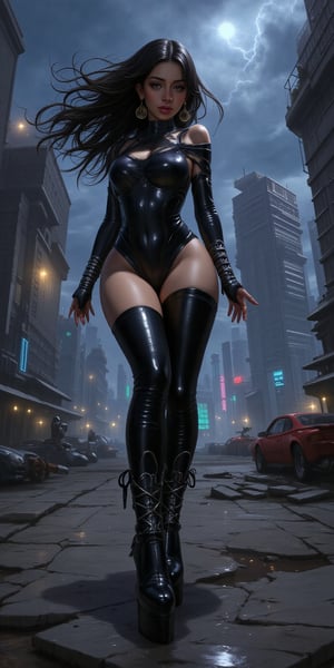 A detailed digital illustration in the style of Luis Royo, depicting a powerful and sensual woman standing amidst a futuristic, post-apocalyptic landscape. She wears an intricate black leather outfit with metallic armor accents, her long hair flowing wildly in the wind. Her figure is lit by a neon glow from the dystopian city ruins behind her. The sky is dark, filled with stormy clouds, and the ground is scattered with remnants of destroyed machines. The composition focuses on the elegance and strength of the female figure, using soft brushstrokes and muted color palettes with hints of bright neon highlights. The mood is intense, with a focus on contrast between the desolate world and the vibrant energy of the character,ek_ph0t0_b00ster