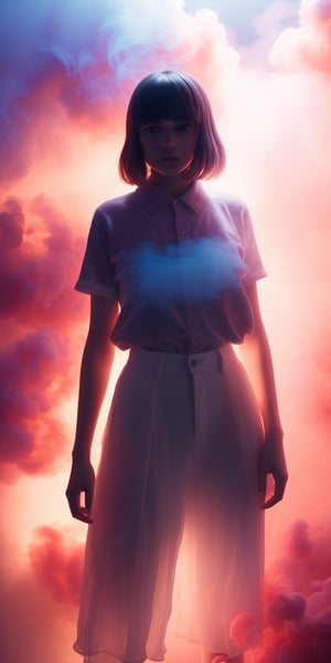 Create a high quality image, extreme detail, ultra definition, extreme realism, high quality lighting, 16k UHD, a girl, casual clothes,semi transparent inside a white cloud of smoke as if it were a dream