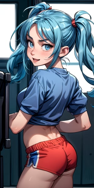 Create a high quality image, extreme details, ultra definition, extreme realism, high quality lighting, 16k UHD, young girl, blue hair with pigtails, slim body, big breasts, expression of joy and excitement, red cheeks, sportswear with short sleeves, dark blue shorts, sexy pose, sweaty body, gym, back view, looking at the camera