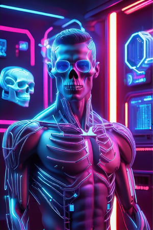 Create a high quality image, extreme detail, masterpiece, intricate detail, depth of field, ultra definition, extreme realism, real photography, real life, high quality lighting, 16k UHD, a man in a testing chair, with cybernetic implants in his head, wires coming out of his body, the veins in his arms are neon blue, white tank top, horrified expression, in the background a futuristic computer full of neon lights and buttons that takes up the entire wall in the center a neon blue holographic skull