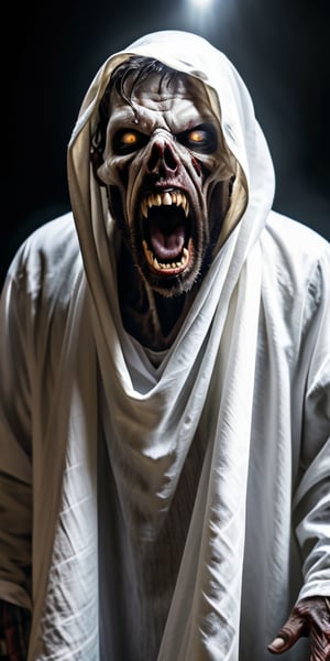 Create a high quality image, extreme detail, ultra definition, extreme realism, high quality lighting, 16k UHD,   a zombie-like figure with a white cloth covering its face, its mouth wide open as if screaming, and its eyes reflecting fear