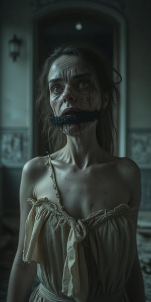 In a decaying, abandoned house, a woman in a torn, dirty gown stands motionless. Her face is the focus, with her lips sewn shut by thick, black thread, and her hollow, lifeless eyes staring blankly ahead. The camera captures her in a medium close-up shot, focusing on her upper body and face, making the grotesque stitches and eerie stillness of her expression the central point. The torn fabric of her gown hangs loosely off her shoulders, while her skin is pale and cracked, adding to her disturbing appearance. The dim light from the window casts long shadows across her face, highlighting the texture of the stitches and the emptiness of her eyes. The background is blurred, keeping all attention on her terrifying, stitched mouth and haunting gaze, ek_ph0t0_b00ste