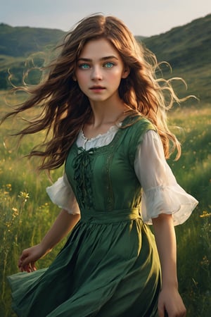 Generates a high quality image, cinematics, extreme details, ultra definition, extreme realism, high quality lighting, 16k UHD, a beautiful girl, long wavy hair, green detailed eyes, country dress, running in the meadow