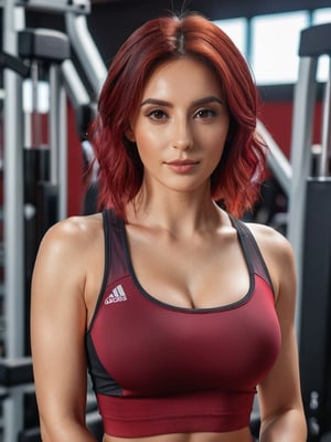  masterpiece, 8k, ultra detailed, portrait of a beautiful woman, 30 years old, brown eyes, wine red hair with ombre gradient, big chest, soft skin, dressed in sports clothes, in a gym doing apparatus, perfect hands, perfect fingers , perfect eyes, perfect nails with French design, perfect feet, perfect anatomy, extreme quality of details ,photo r3al,detailmaster2,BK0S,xxmix_girl